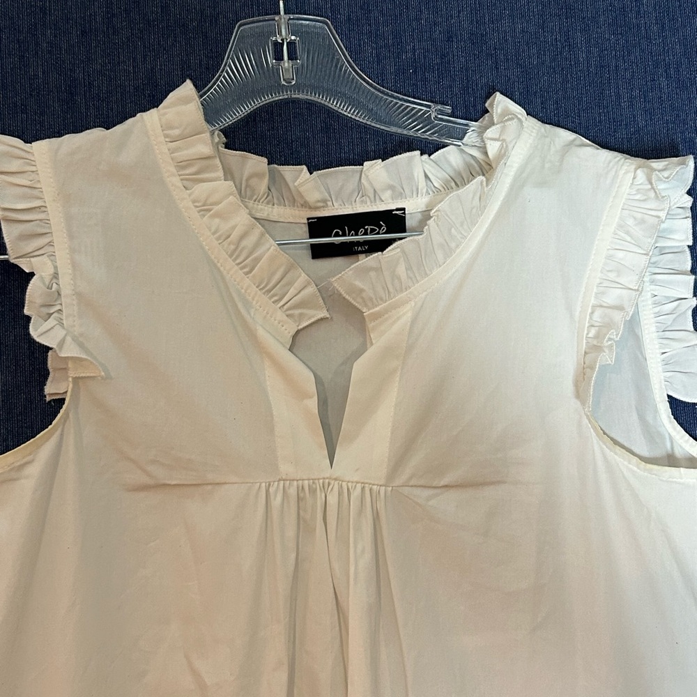 Cotton White Sleeveless Maxi Dress - V-Neck with Ruffled Shoulders - Picture 3 of 7